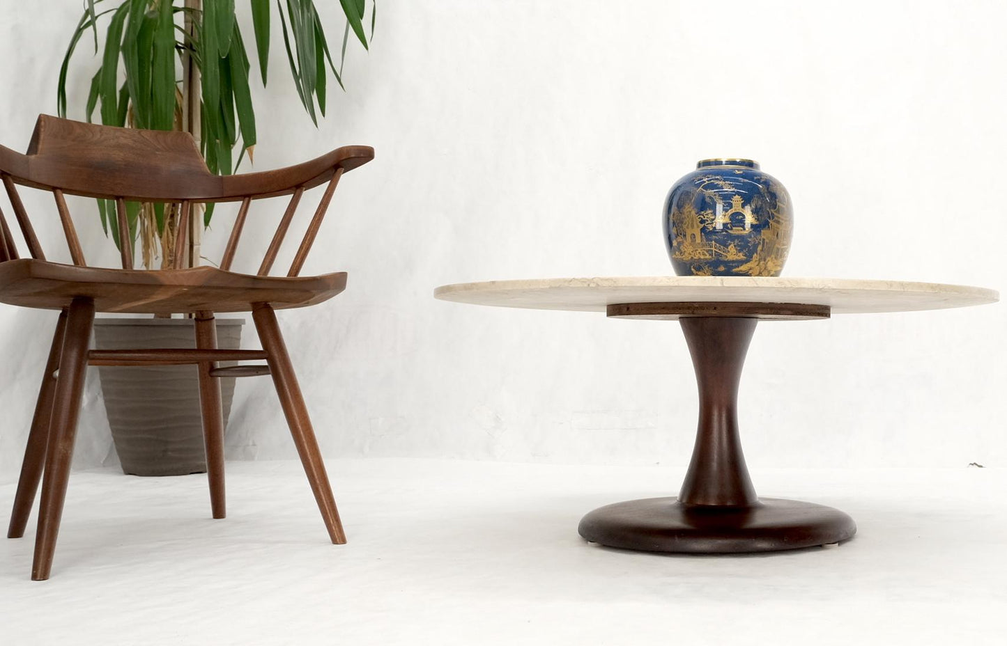 EstablishedLines Mid-Century Modern Turned Solid Walnut Base Marble Top Round Coffee Table MINT