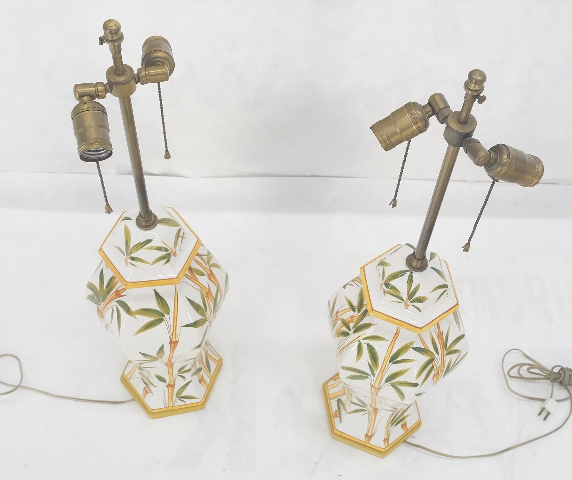 EstablishedLines Pair of Porcelain Pottery Ceramic Hexagon Base Onion Shape Lamps Bamboo Motive