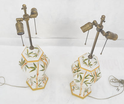 EstablishedLines Pair of Porcelain Pottery Ceramic Hexagon Base Onion Shape Lamps Bamboo Motive