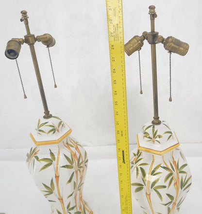 EstablishedLines Pair of Porcelain Pottery Ceramic Hexagon Base Onion Shape Lamps Bamboo Motive