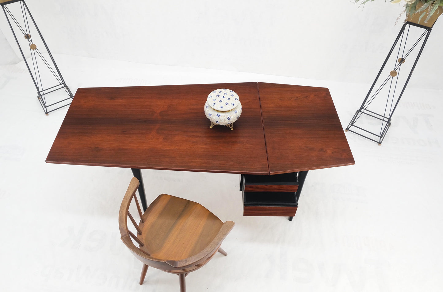EstablishedLines Danish Mid Century Modern Boat Shape Drop Leaf Rosewood Desk Two Drawers MINT!