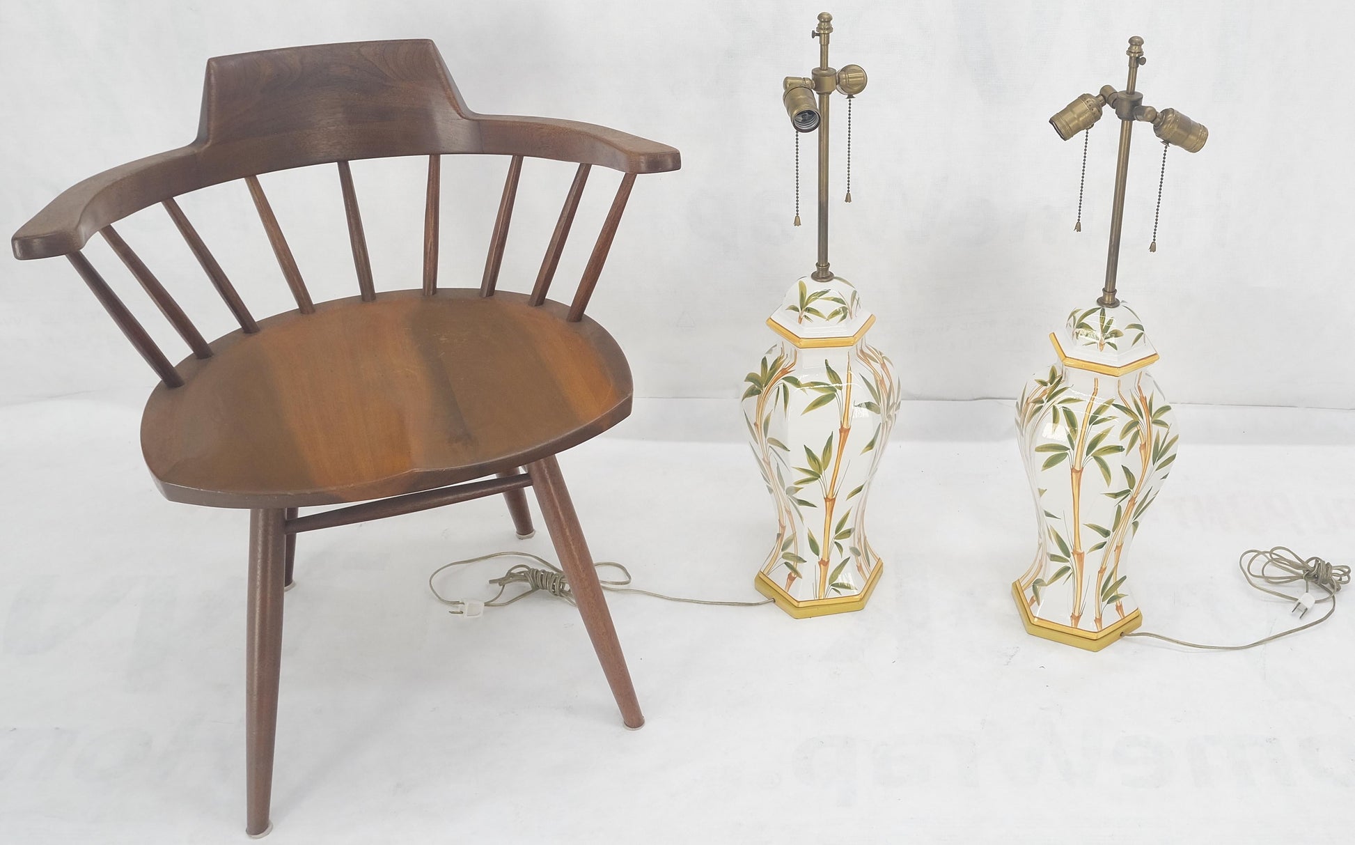 EstablishedLines Pair of Porcelain Pottery Ceramic Hexagon Base Onion Shape Lamps Bamboo Motive