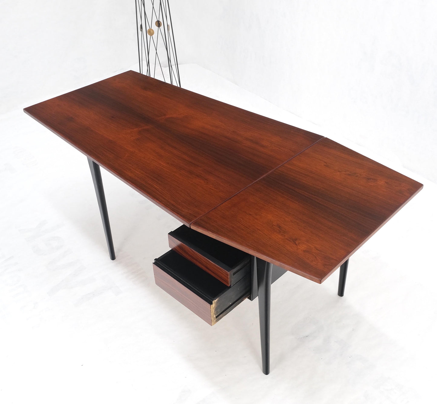 EstablishedLines Danish Mid Century Modern Boat Shape Drop Leaf Rosewood Desk Two Drawers MINT!