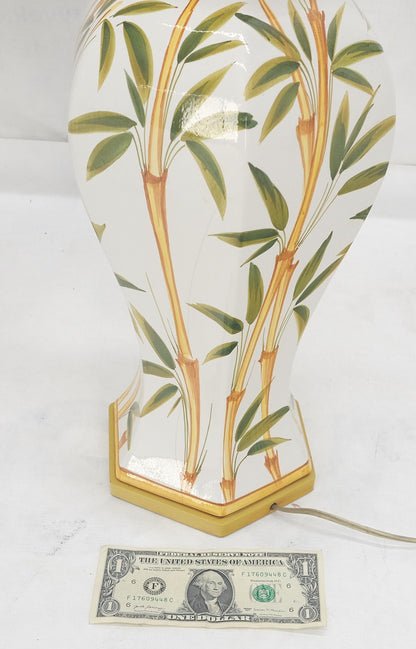 EstablishedLines Pair of Porcelain Pottery Ceramic Hexagon Base Onion Shape Lamps Bamboo Motive