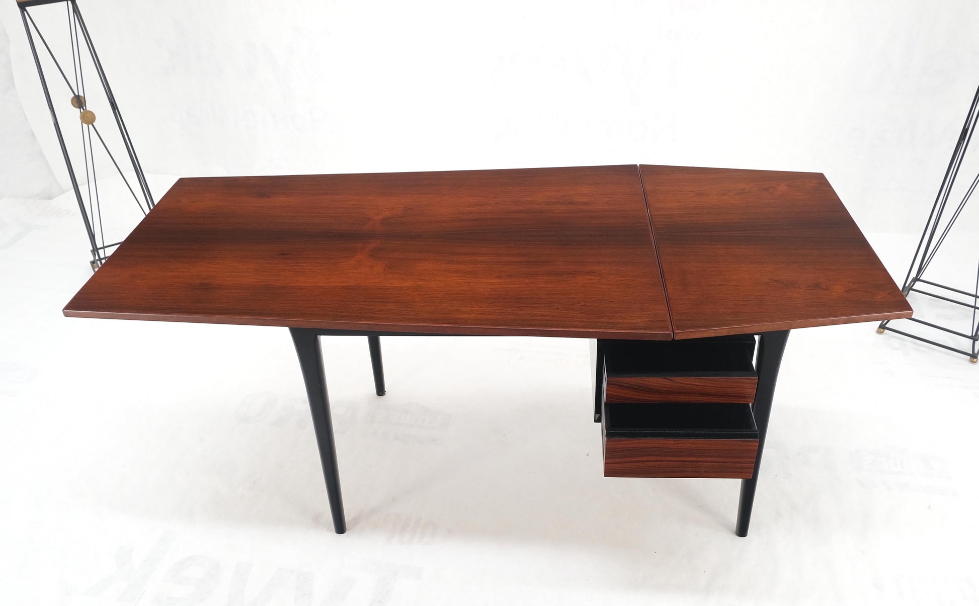 EstablishedLines Danish Mid Century Modern Boat Shape Drop Leaf Rosewood Desk Two Drawers MINT!