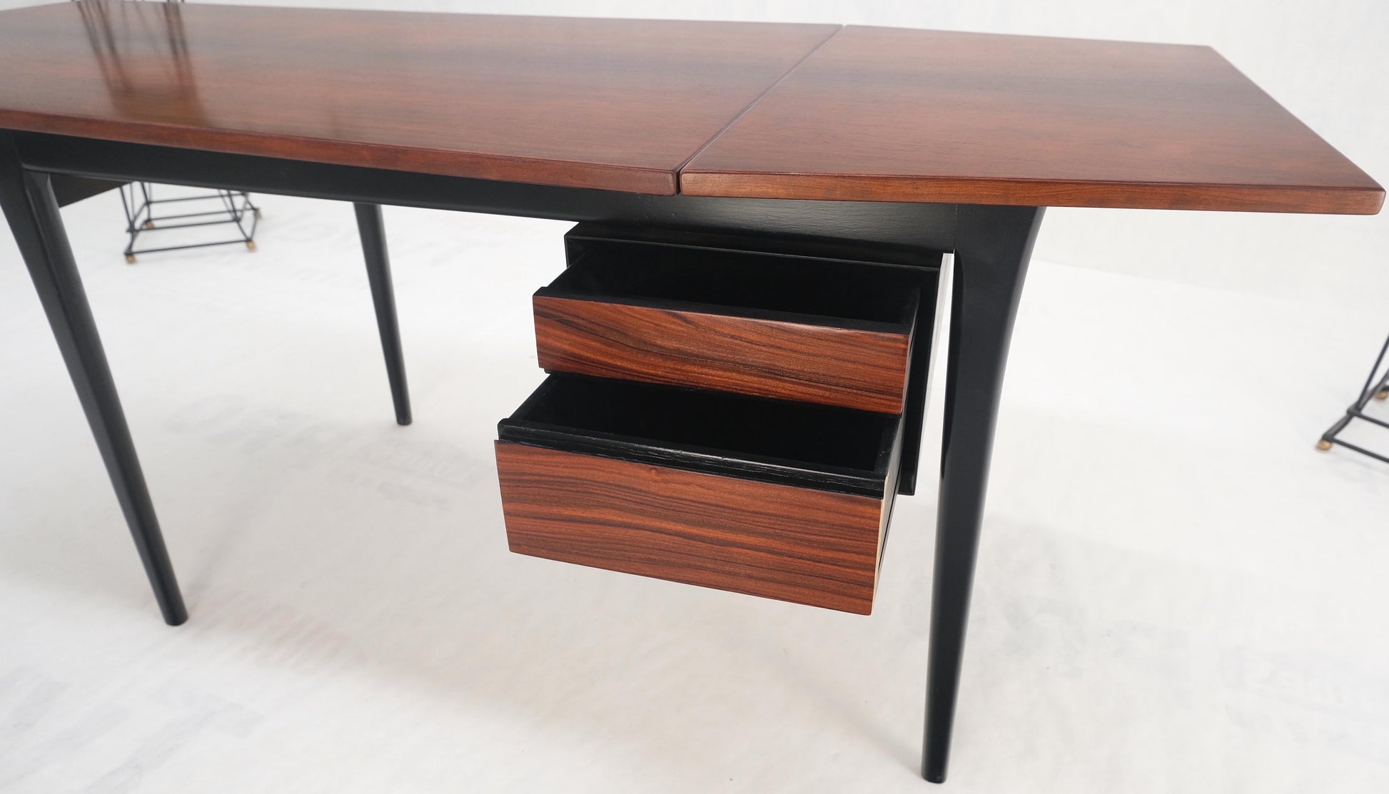 EstablishedLines Danish Mid Century Modern Boat Shape Drop Leaf Rosewood Desk Two Drawers MINT!