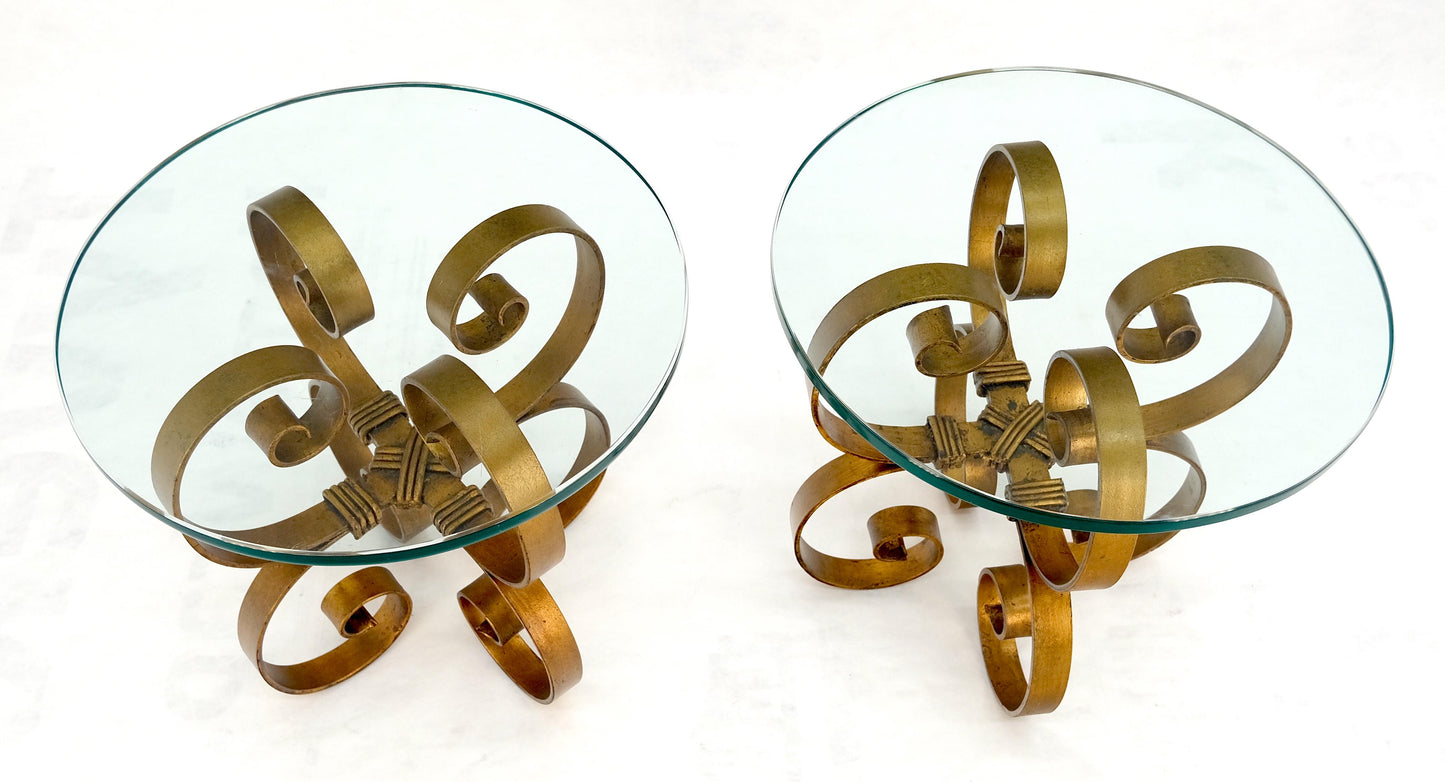 EstablishedLines Pair Italian Think 3/4" Glass Top Gold Gilt Scrolls Shape Bases End Tables Stand