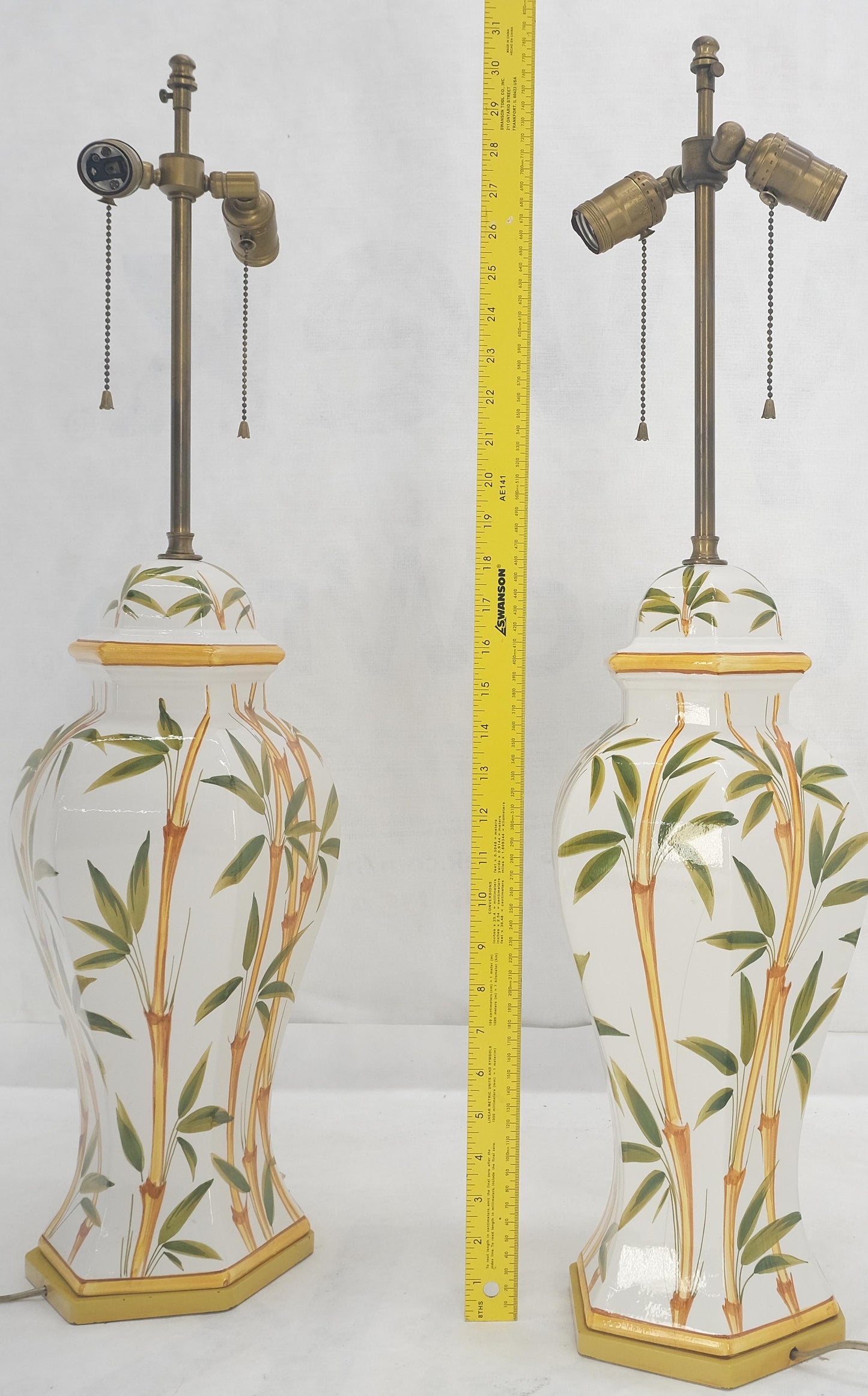 EstablishedLines Pair of Porcelain Pottery Ceramic Hexagon Base Onion Shape Lamps Bamboo Motive