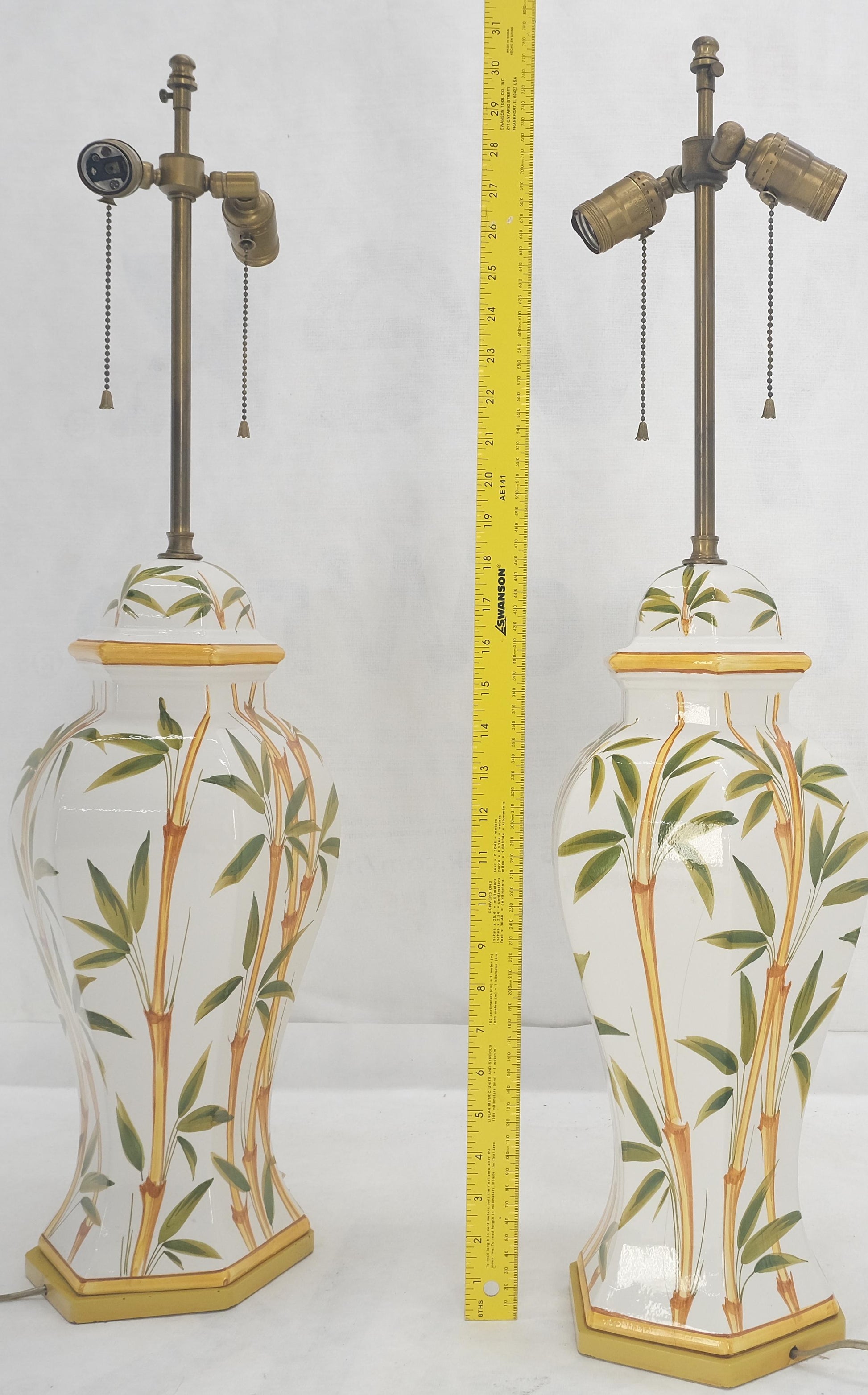 EstablishedLines Pair of Porcelain Pottery Ceramic Hexagon Base Onion Shape Lamps Bamboo Motive