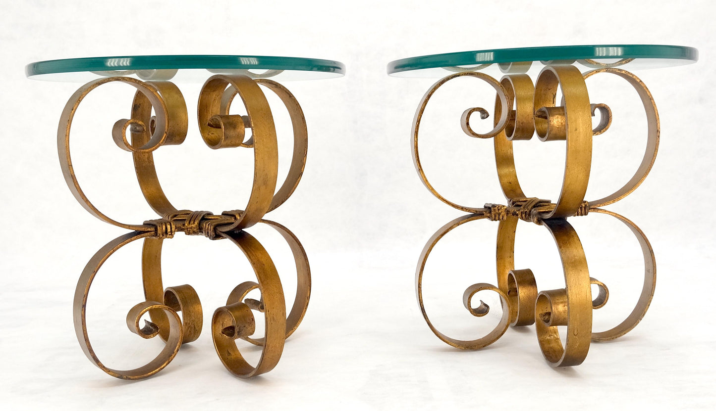 EstablishedLines Pair Italian Think 3/4" Glass Top Gold Gilt Scrolls Shape Bases End Tables Stand