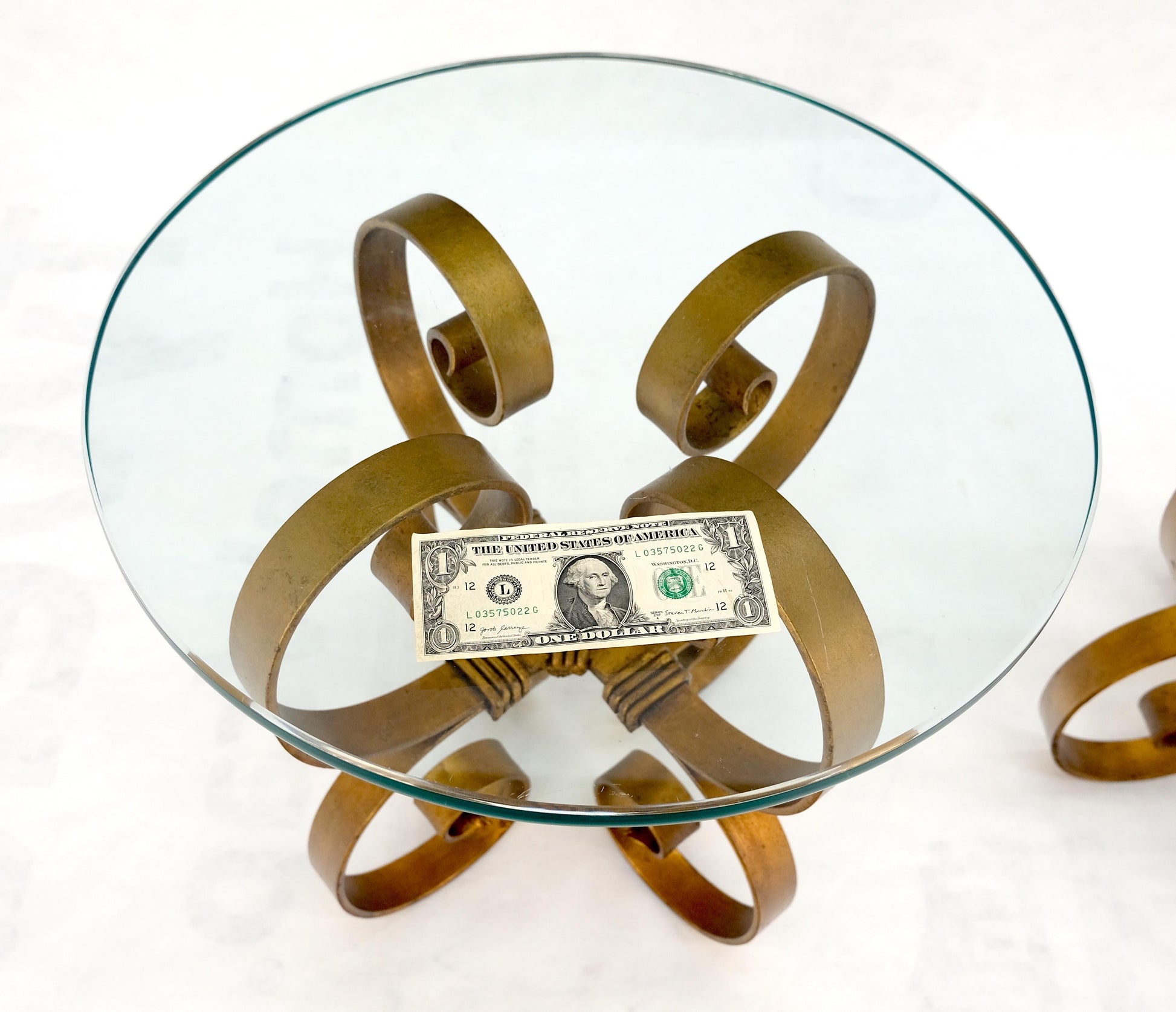 EstablishedLines Pair Italian Think 3/4" Glass Top Gold Gilt Scrolls Shape Bases End Tables Stand