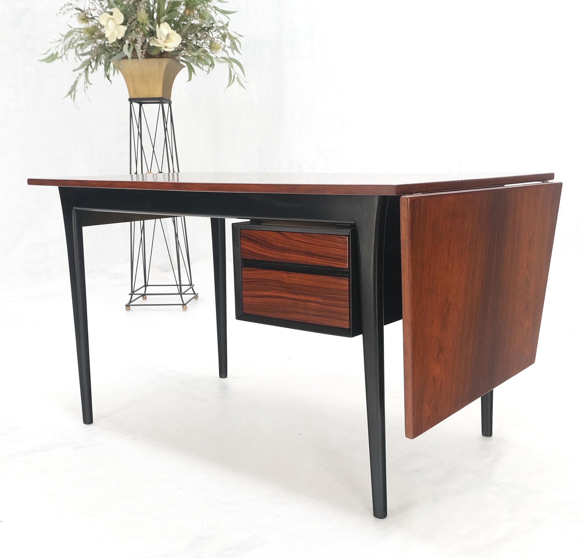 EstablishedLines Danish Mid Century Modern Boat Shape Drop Leaf Rosewood Desk Two Drawers MINT!