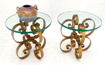 EstablishedLines Pair Italian Think 3/4" Glass Top Gold Gilt Scrolls Shape Bases End Tables Stand