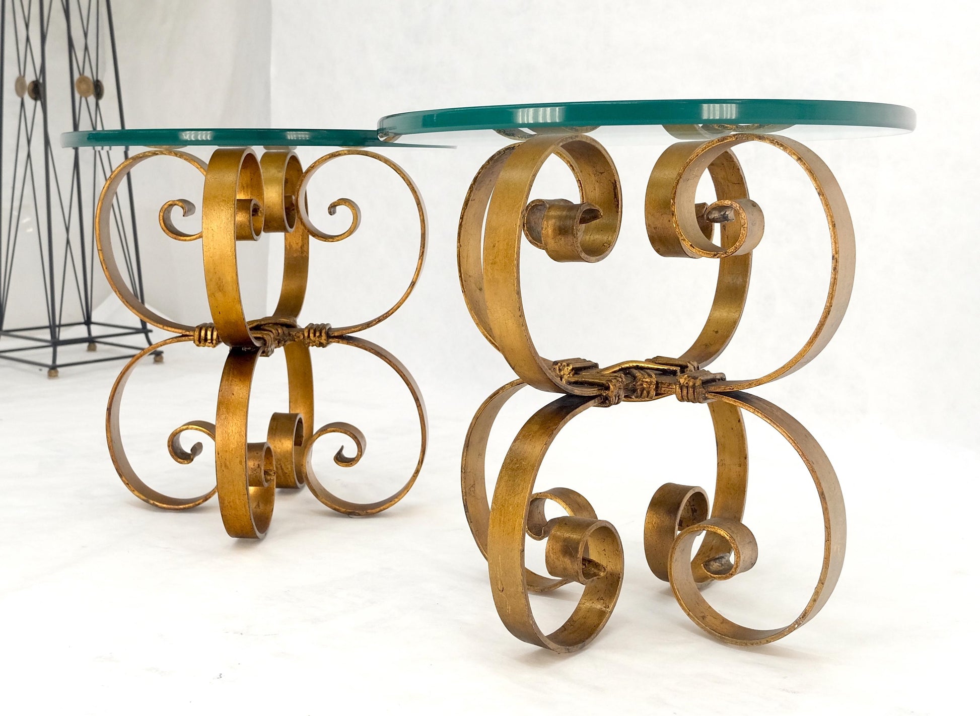 EstablishedLines Pair Italian Think 3/4" Glass Top Gold Gilt Scrolls Shape Bases End Tables Stand