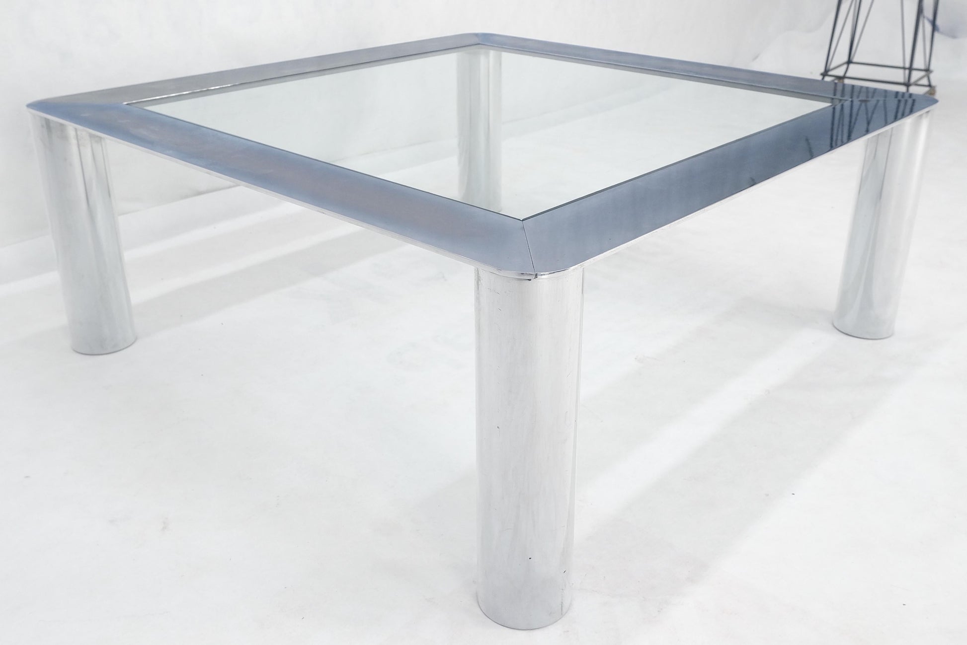 EstablishedLines Bauhaus Polished Stainless Steel Chrome 36" Square Glass Top Coffee Table  MINT!