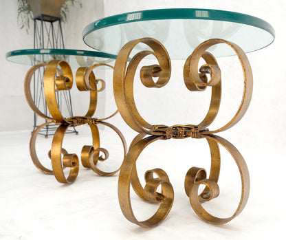 EstablishedLines Pair Italian Think 3/4" Glass Top Gold Gilt Scrolls Shape Bases End Tables Stand