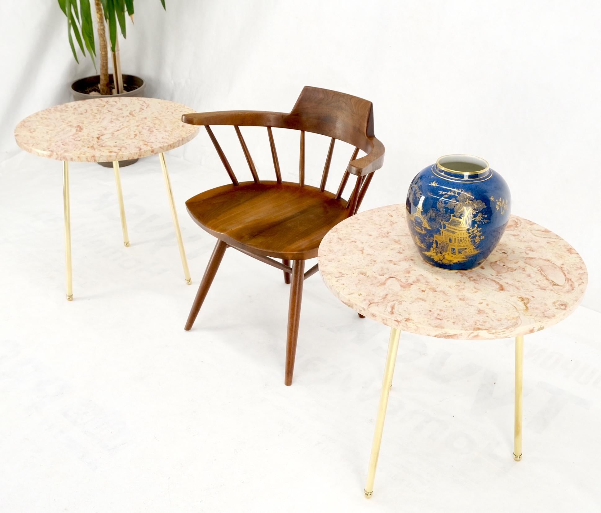 EstablishedLines Pair Round Rouge Marble Top Tri Legged Brass Base Mid-Century Modern End Tables