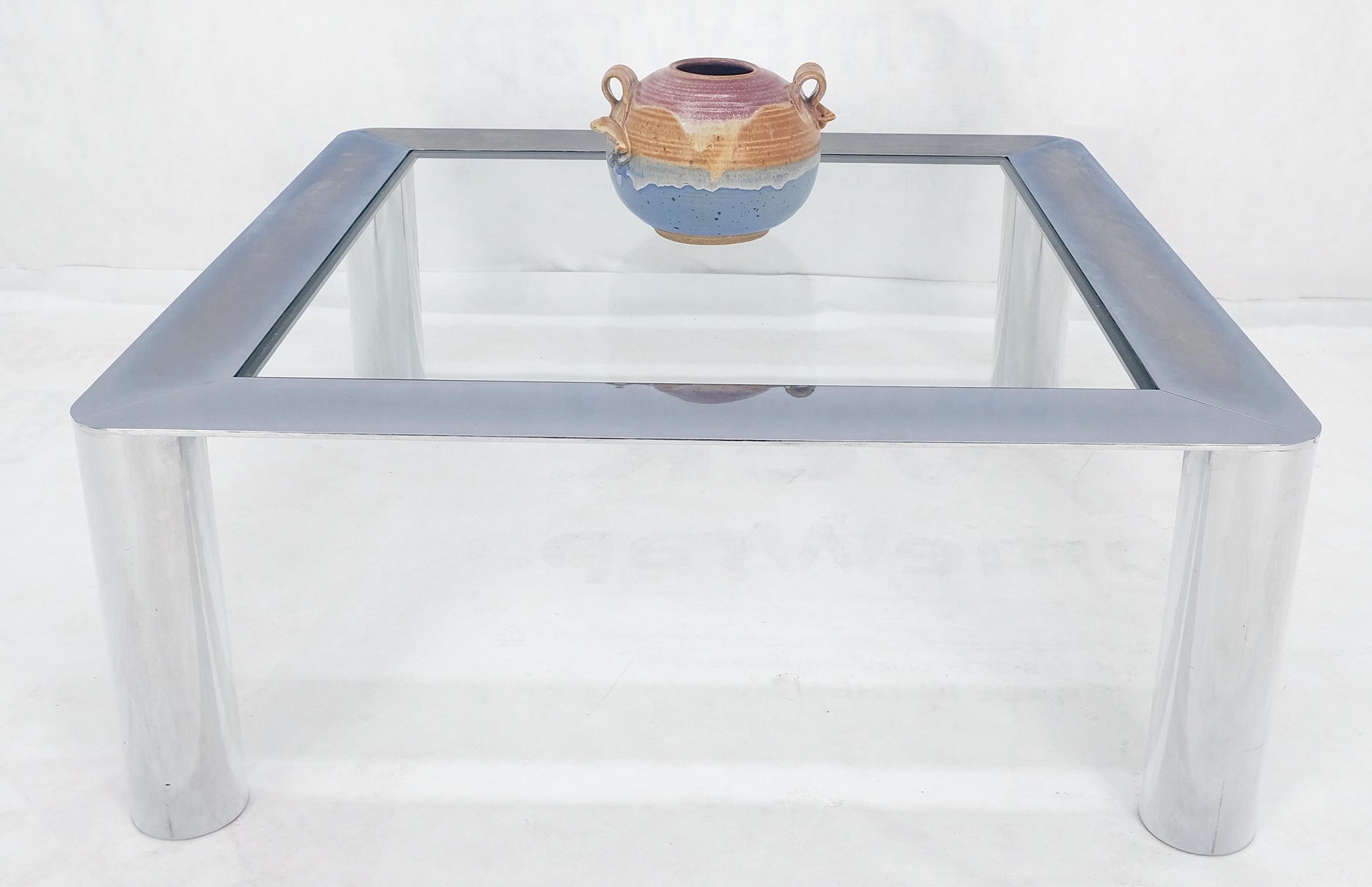 EstablishedLines Bauhaus Polished Stainless Steel Chrome 36" Square Glass Top Coffee Table  MINT!
