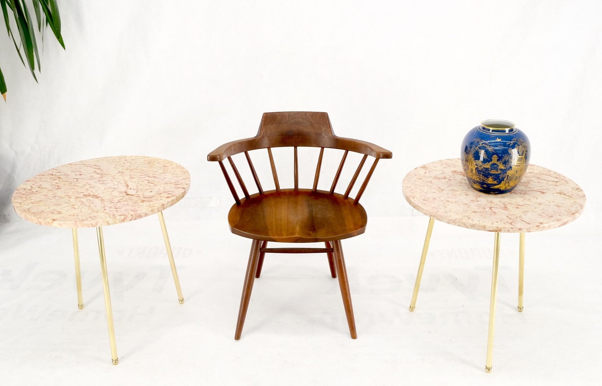 EstablishedLines Pair Round Rouge Marble Top Tri Legged Brass Base Mid-Century Modern End Tables