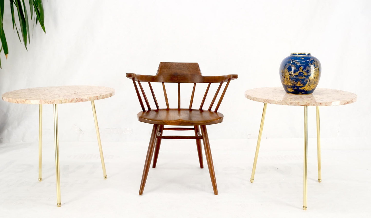 EstablishedLines Pair Round Rouge Marble Top Tri Legged Brass Base Mid-Century Modern End Tables