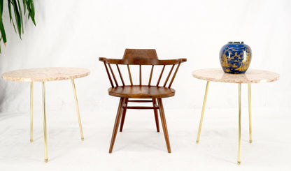 EstablishedLines Pair Round Rouge Marble Top Tri Legged Brass Base Mid-Century Modern End Tables