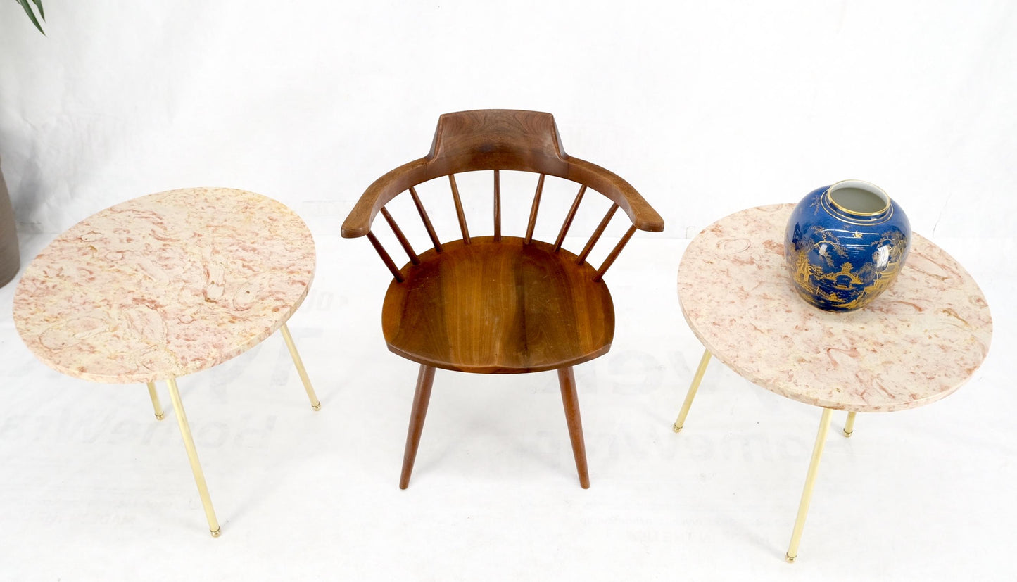 EstablishedLines Pair Round Rouge Marble Top Tri Legged Brass Base Mid-Century Modern End Tables