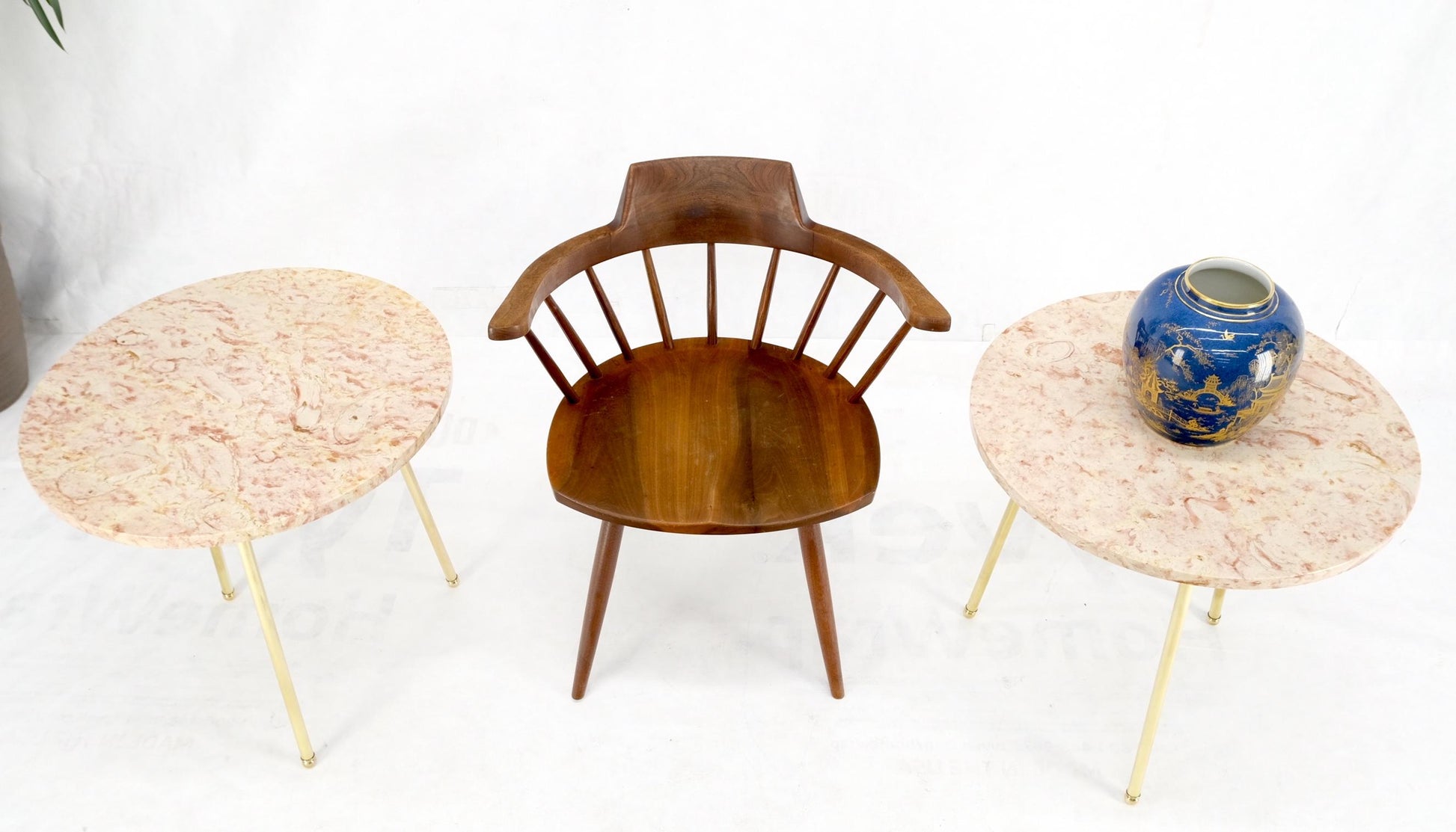 EstablishedLines Pair Round Rouge Marble Top Tri Legged Brass Base Mid-Century Modern End Tables