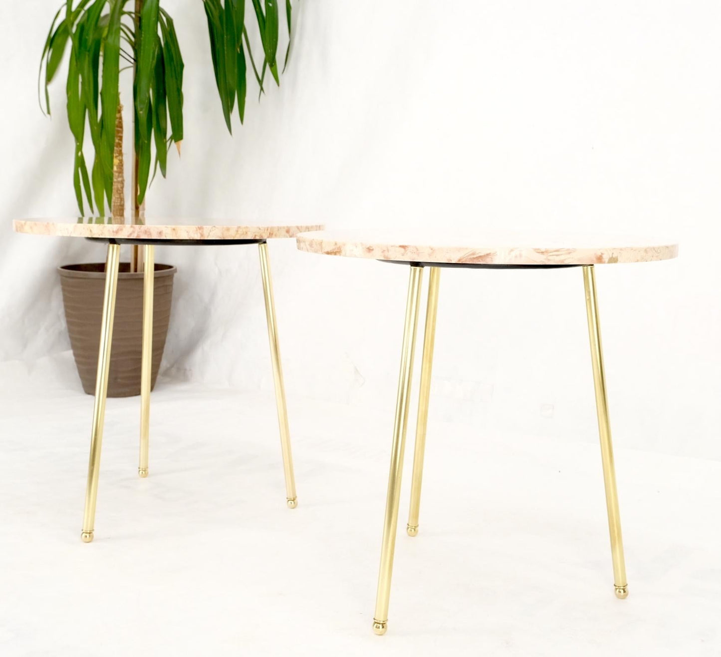 EstablishedLines Pair Round Rouge Marble Top Tri Legged Brass Base Mid-Century Modern End Tables