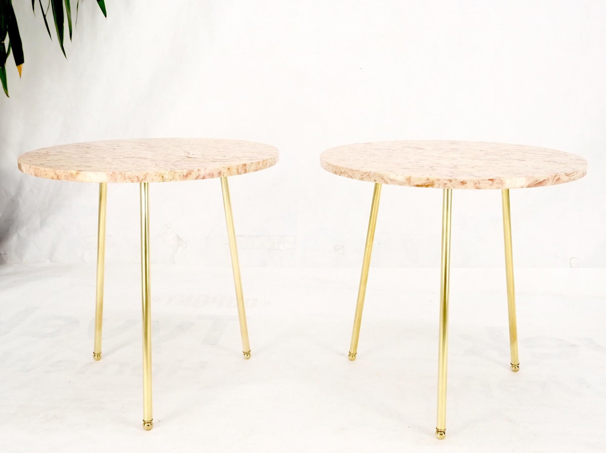 EstablishedLines Pair Round Rouge Marble Top Tri Legged Brass Base Mid-Century Modern End Tables