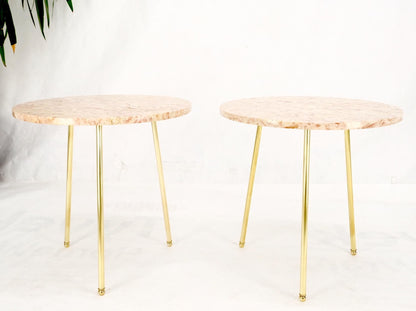 EstablishedLines Pair Round Rouge Marble Top Tri Legged Brass Base Mid-Century Modern End Tables