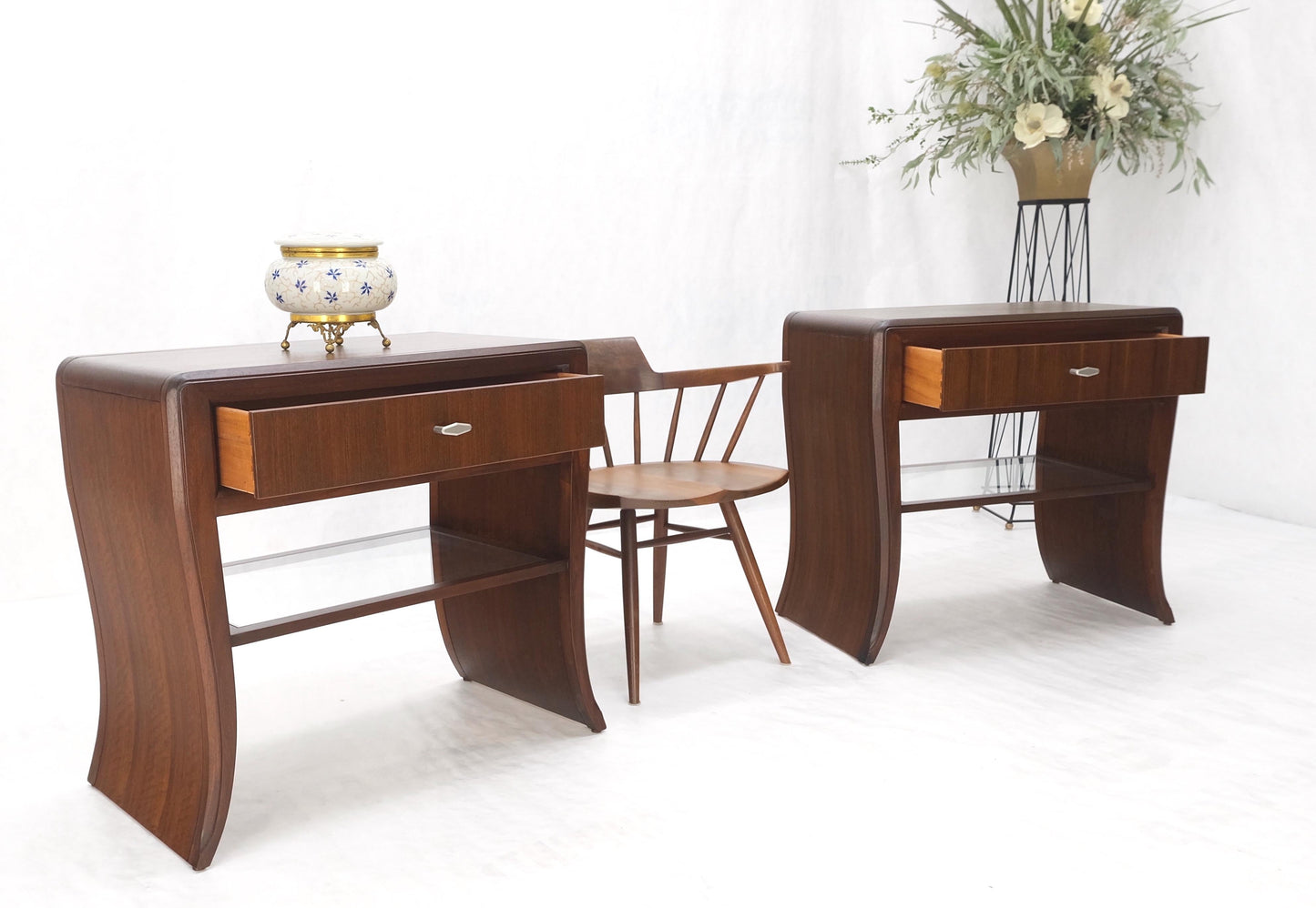 EstablishedLines Pair Century Walnut Waterfall Brand New Old Stock Two Tier End Side Tables Stand