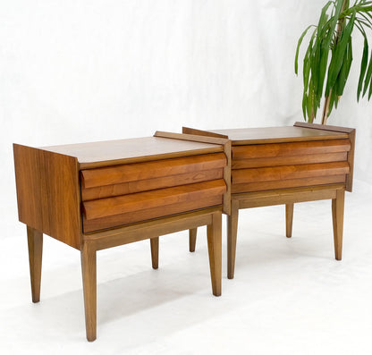 EstablishedLines Pair Two Drawers Walnut Mid-Century Modern End Side Night Stands Tables Mint!