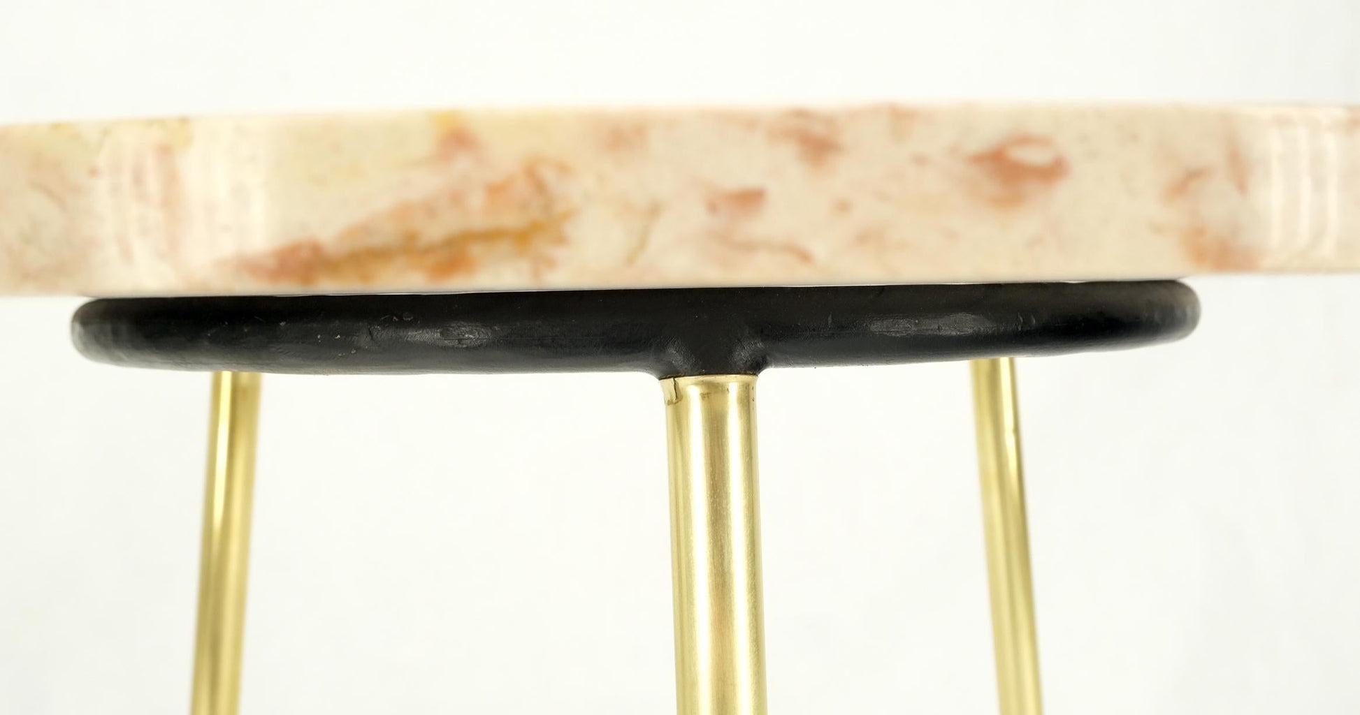 EstablishedLines Pair Round Rouge Marble Top Tri Legged Brass Base Mid-Century Modern End Tables