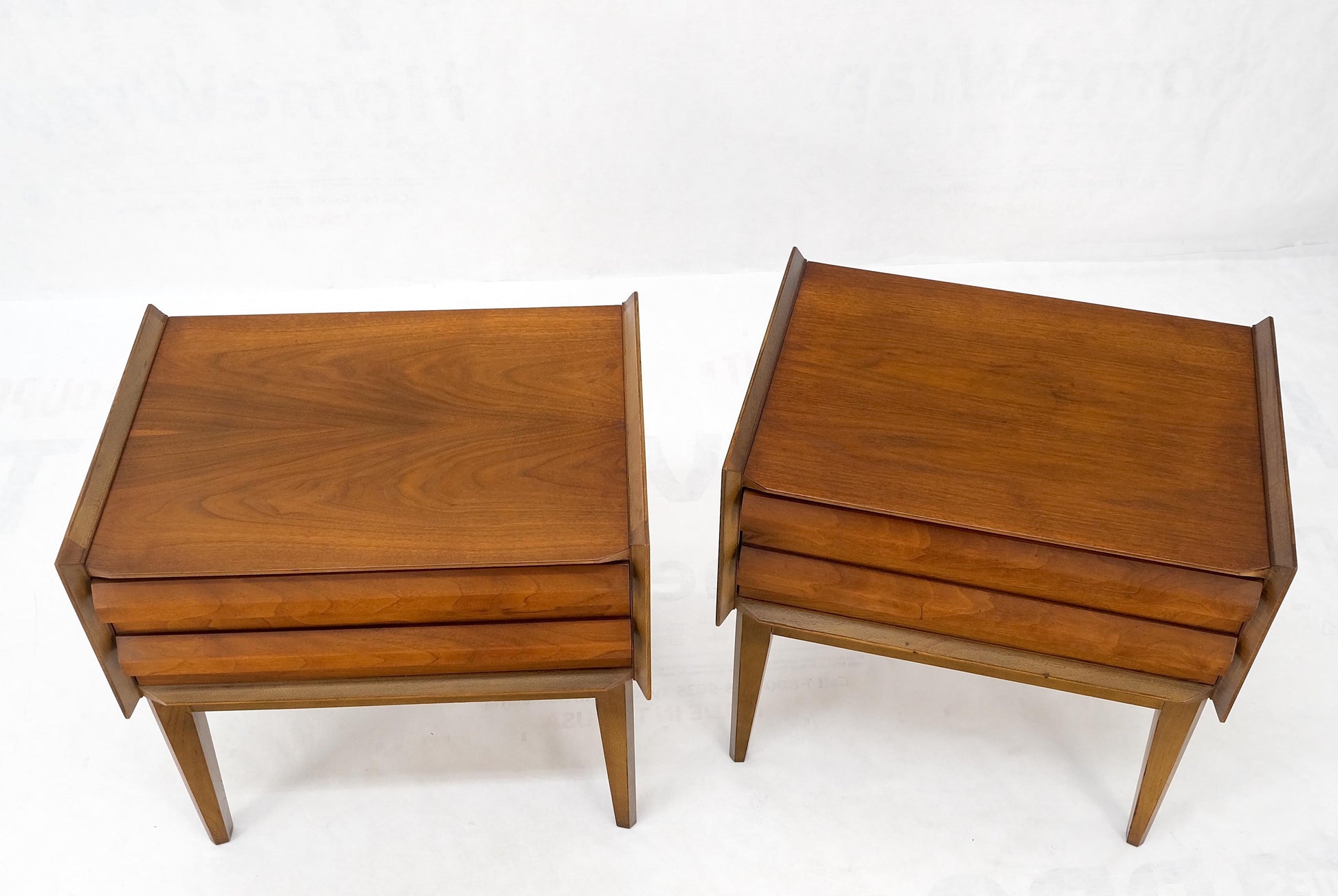 EstablishedLines Pair Two Drawers Walnut Mid-Century Modern End Side Night Stands Tables Mint!