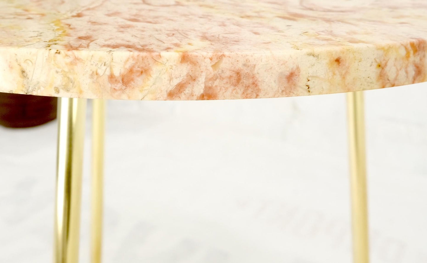 EstablishedLines Pair Round Rouge Marble Top Tri Legged Brass Base Mid-Century Modern End Tables