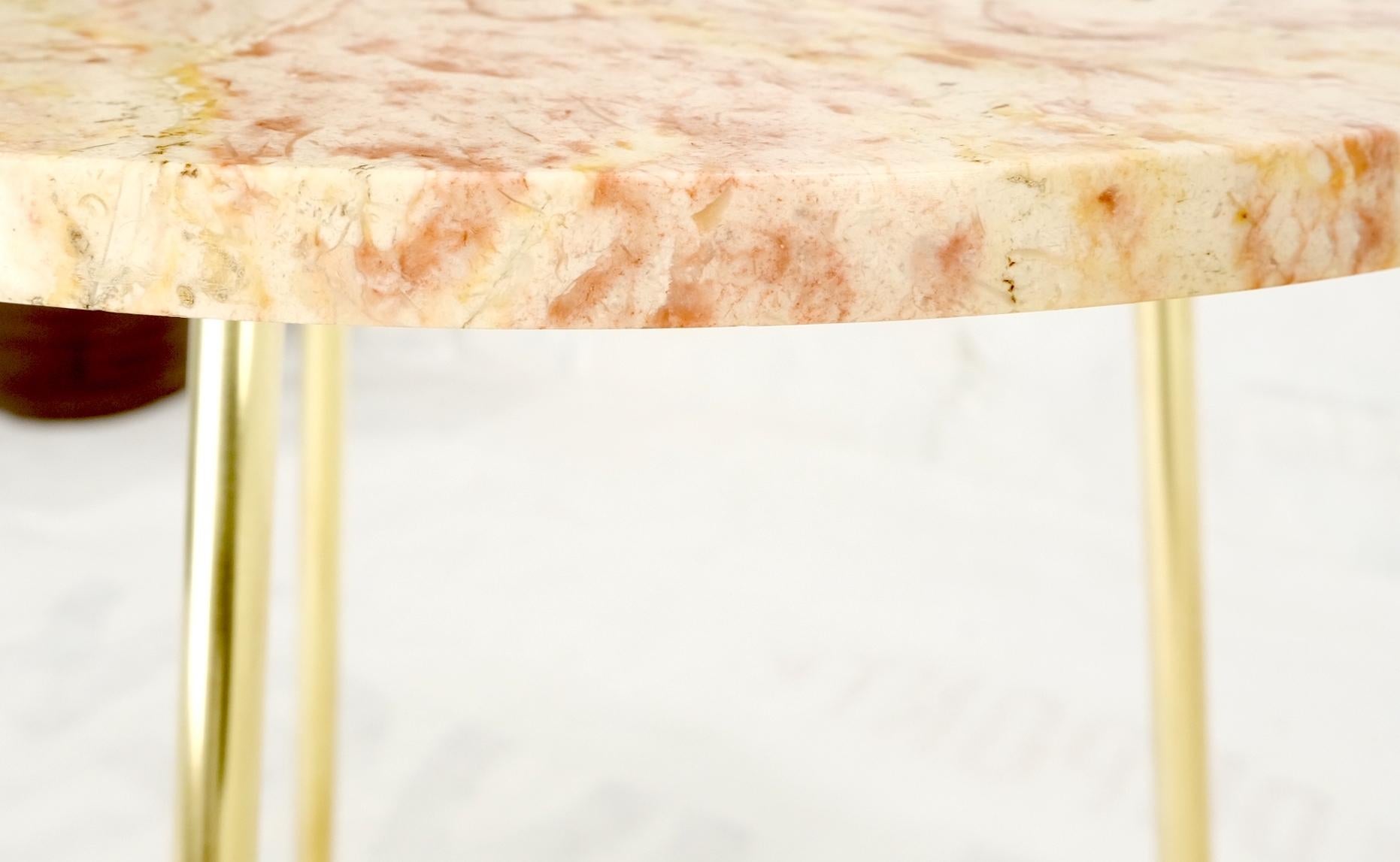 EstablishedLines Pair Round Rouge Marble Top Tri Legged Brass Base Mid-Century Modern End Tables