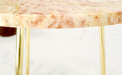 EstablishedLines Pair Round Rouge Marble Top Tri Legged Brass Base Mid-Century Modern End Tables