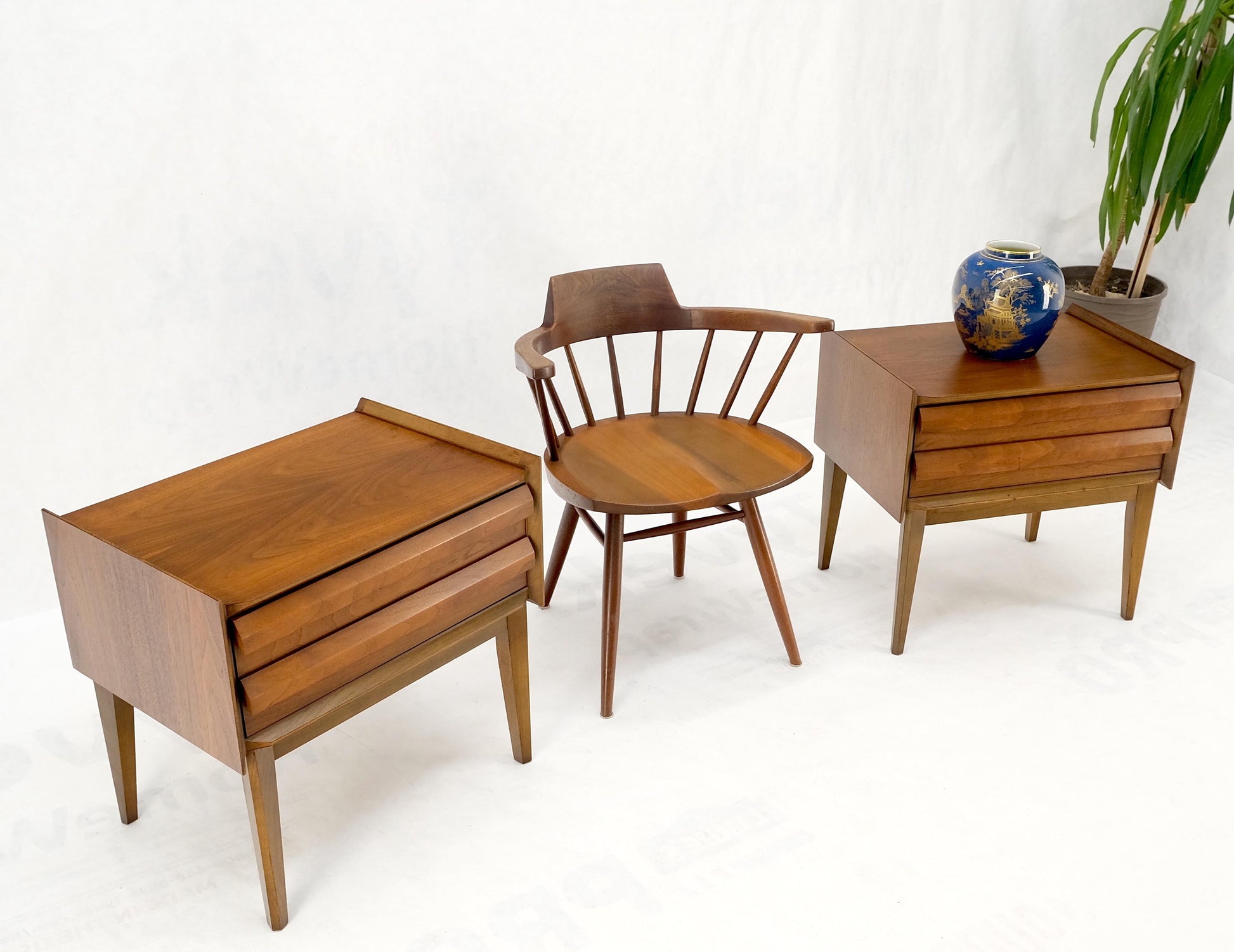 EstablishedLines Pair Two Drawers Walnut Mid-Century Modern End Side Night Stands Tables Mint!