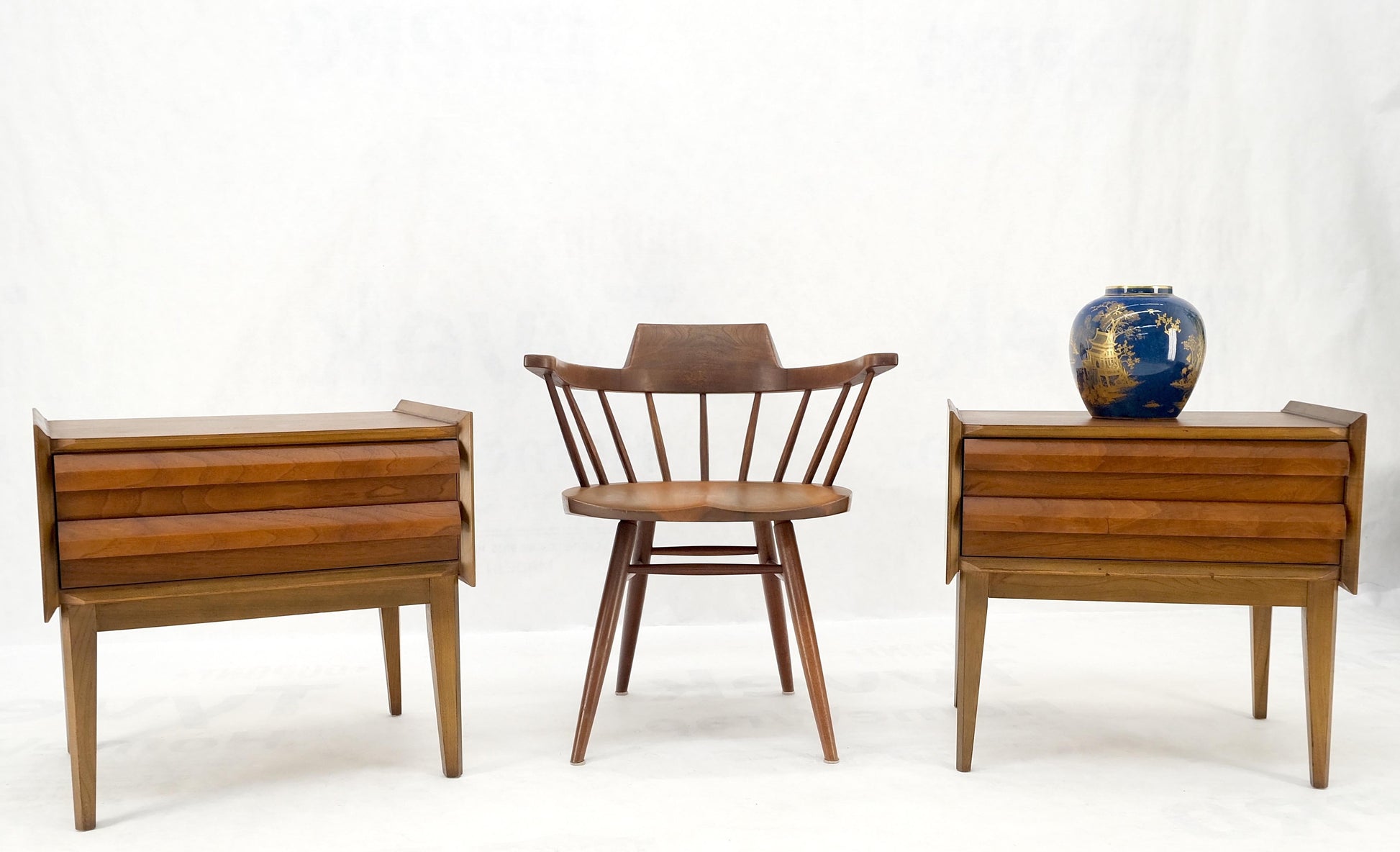 EstablishedLines Pair Two Drawers Walnut Mid-Century Modern End Side Night Stands Tables Mint!