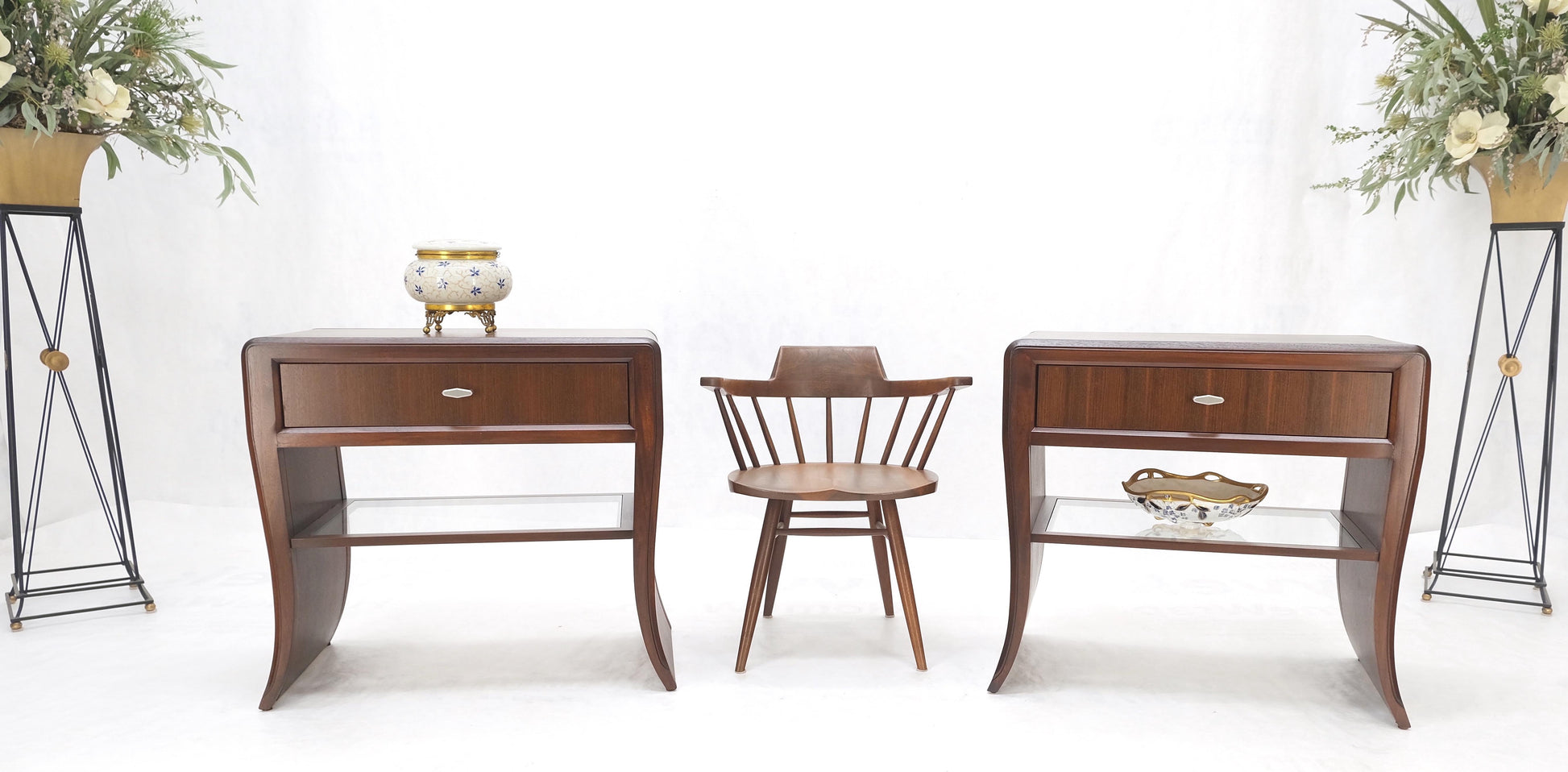 EstablishedLines Pair Century Walnut Waterfall Brand New Old Stock Two Tier End Side Tables Stand