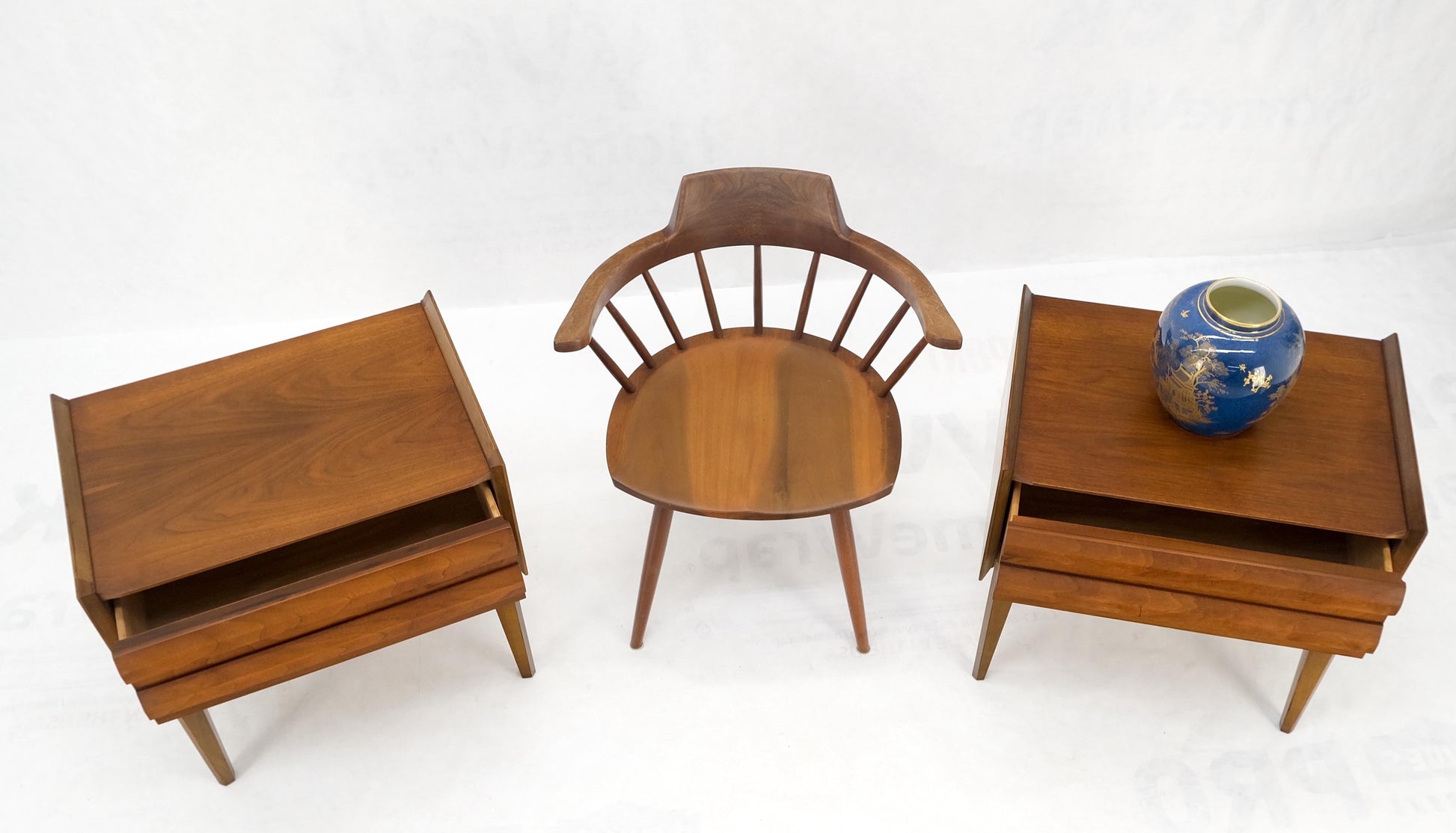 EstablishedLines Pair Two Drawers Walnut Mid-Century Modern End Side Night Stands Tables Mint!