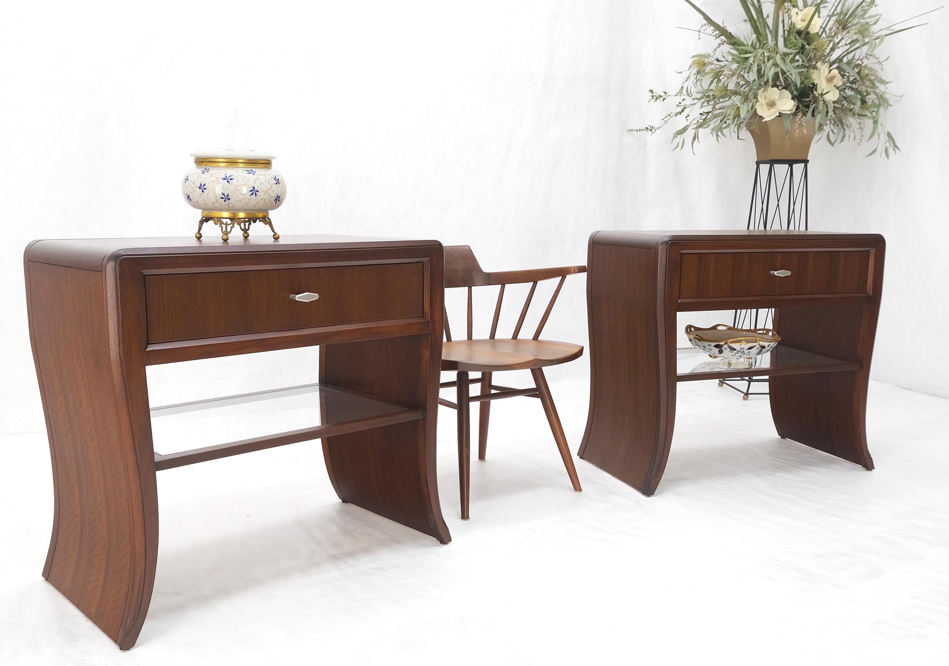 EstablishedLines Pair Century Walnut Waterfall Brand New Old Stock Two Tier End Side Tables Stand