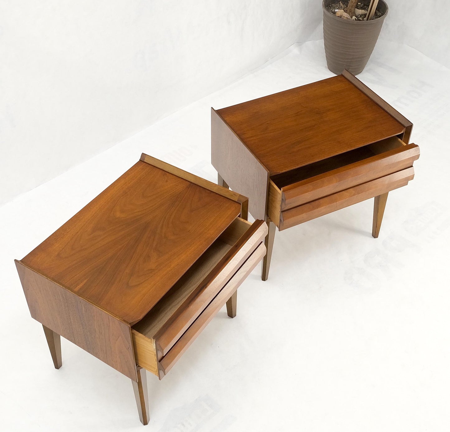 EstablishedLines Pair Two Drawers Walnut Mid-Century Modern End Side Night Stands Tables Mint!