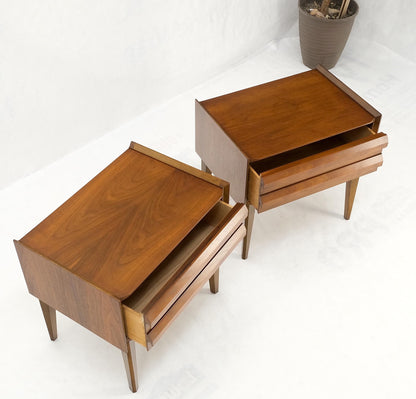EstablishedLines Pair Two Drawers Walnut Mid-Century Modern End Side Night Stands Tables Mint!