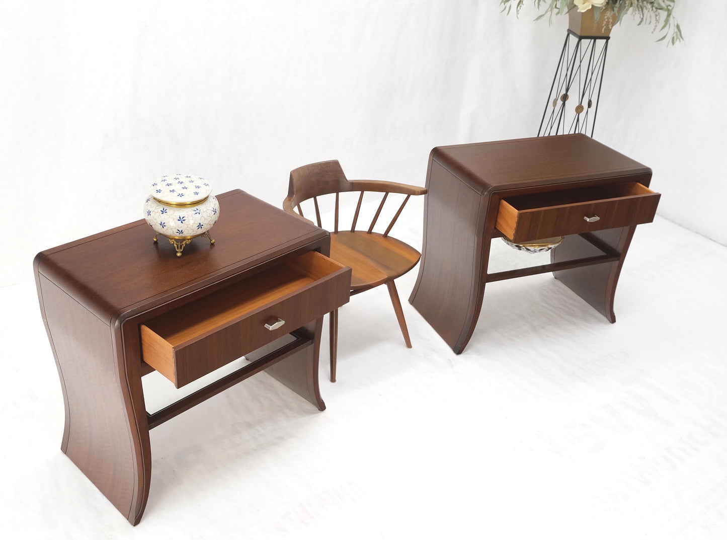 EstablishedLines Pair Century Walnut Waterfall Brand New Old Stock Two Tier End Side Tables Stand