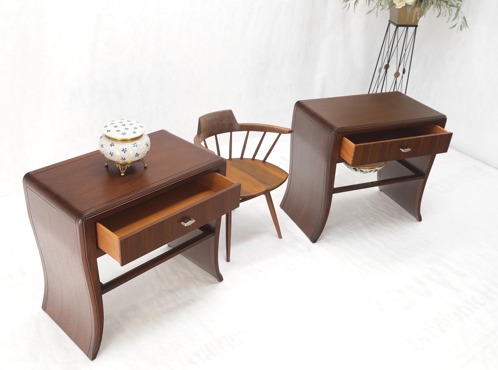 EstablishedLines Pair Century Walnut Waterfall Brand New Old Stock Two Tier End Side Tables Stand