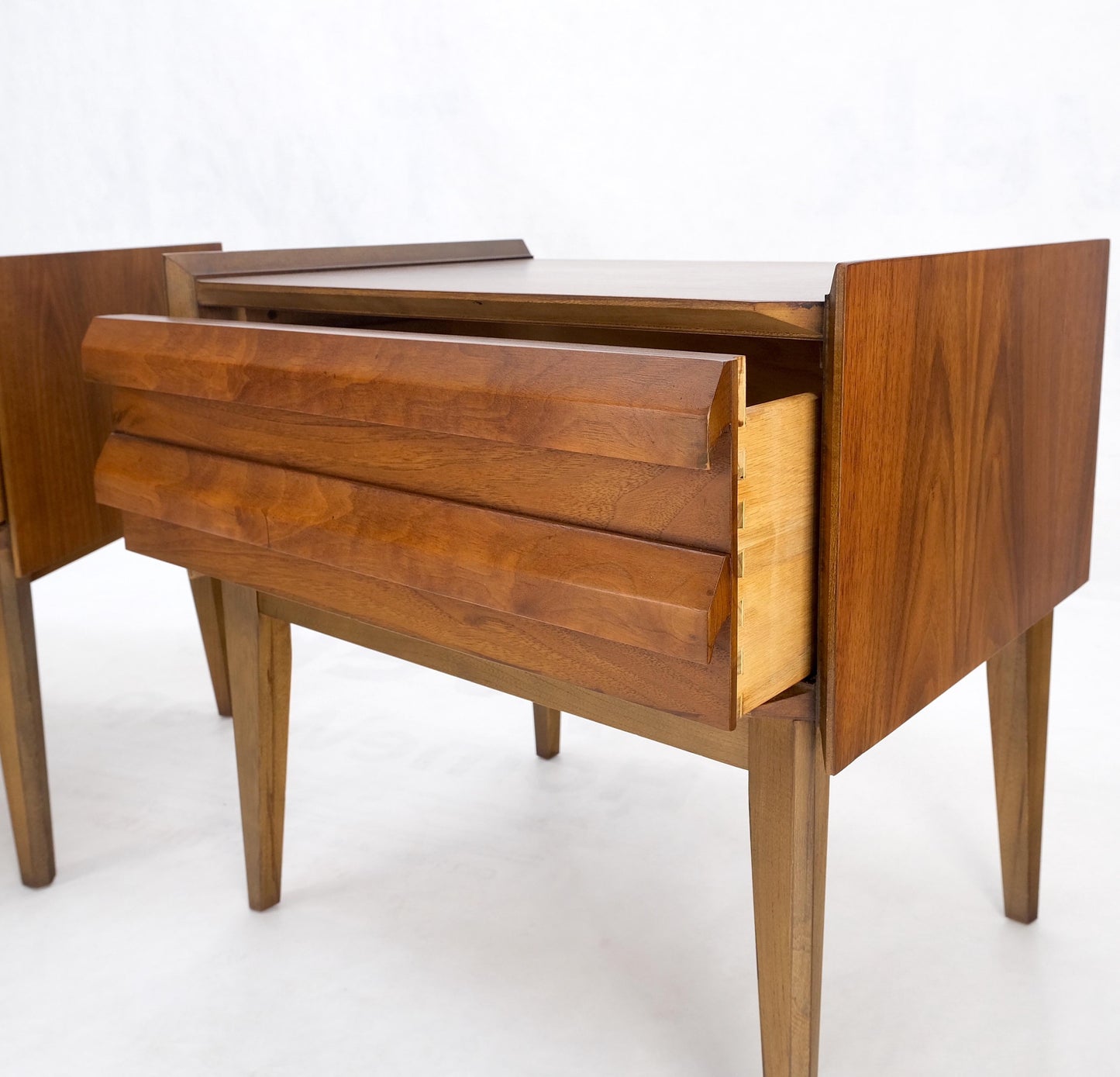 EstablishedLines Pair Two Drawers Walnut Mid-Century Modern End Side Night Stands Tables Mint!