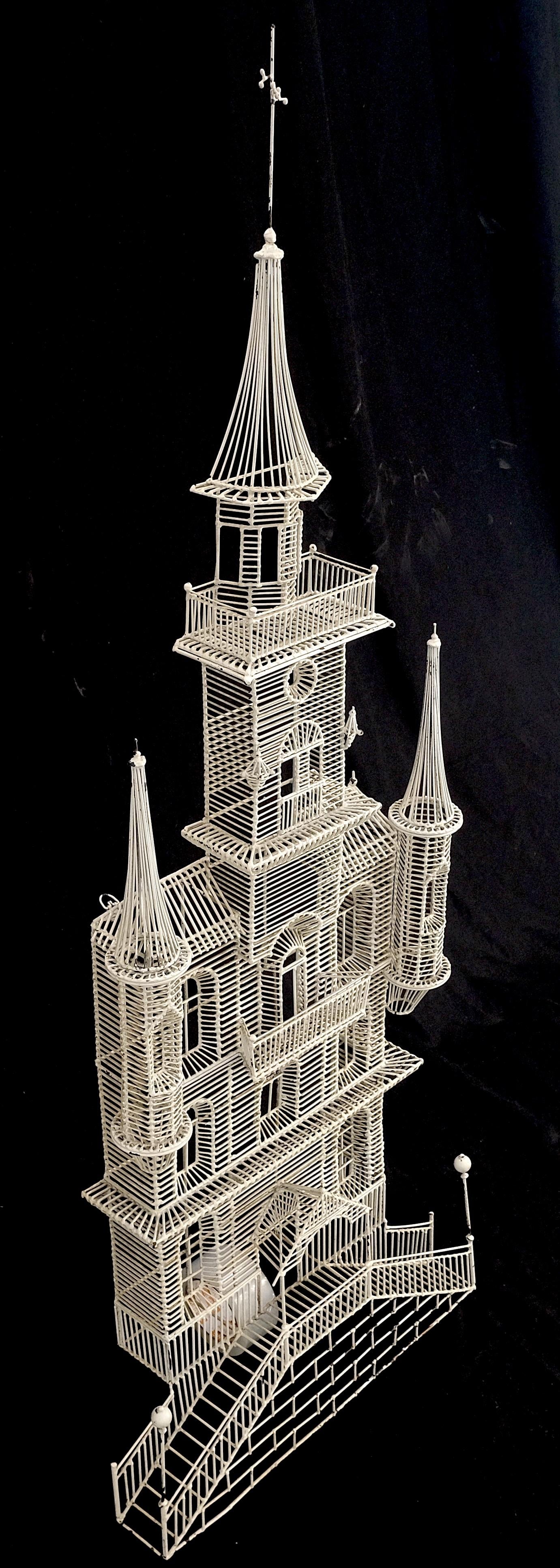 53" Tall  c1960s Very Fine Wall Wire Sculpture of Castle House Architecture