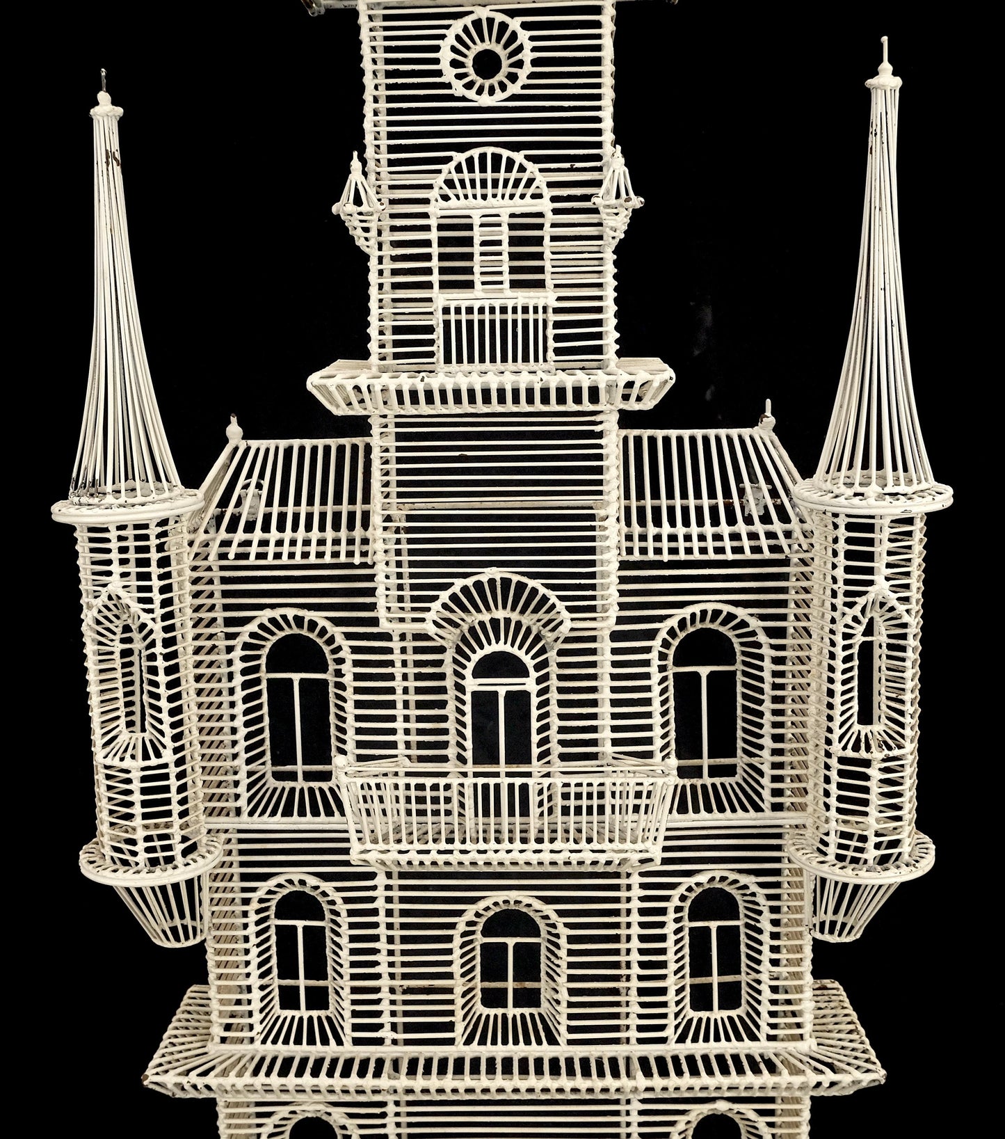 53" Tall  c1960s Very Fine Wall Wire Sculpture of Castle House Architecture