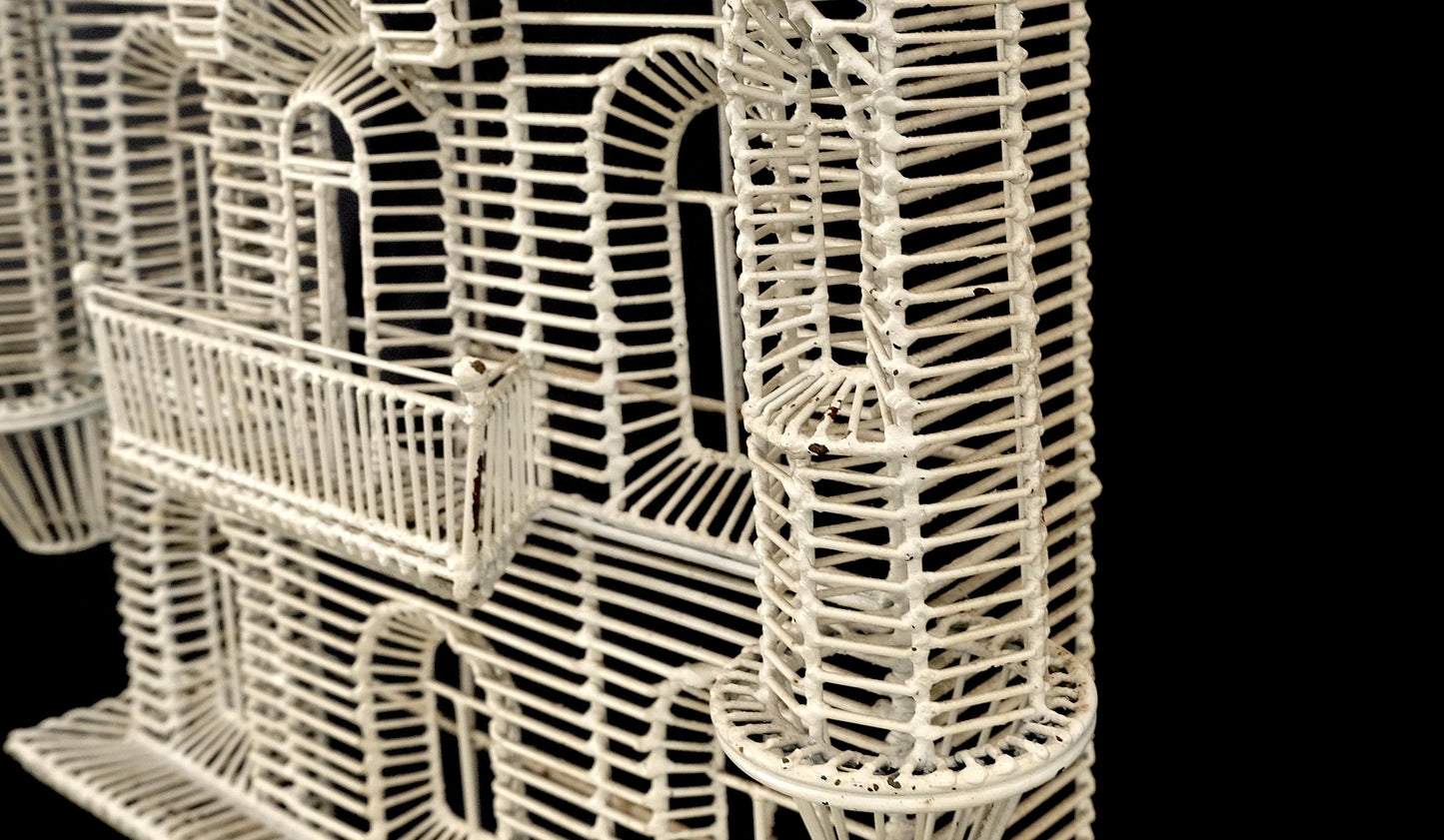 53" Tall  c1960s Very Fine Wall Wire Sculpture of Castle House Architecture